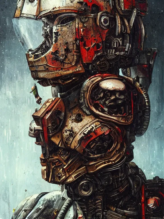 Prompt: art portrait of a space marine, decaying, rusting,8k,by tristan eaton,Stanley Artgermm,Tom Bagshaw,Greg Rutkowski,Carne Griffiths,trending on DeviantArt,face enhance,hyper detailed,minimalist,cybernetic, android, blade runner,full of colour,