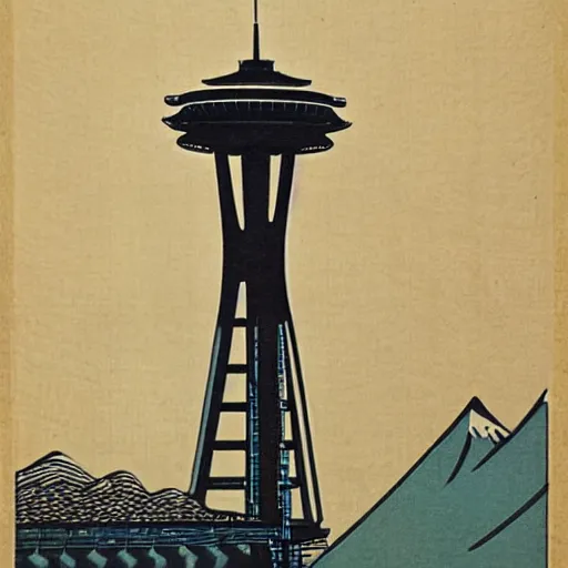 Prompt: The Seattle Space Needle, Japanese woodblock