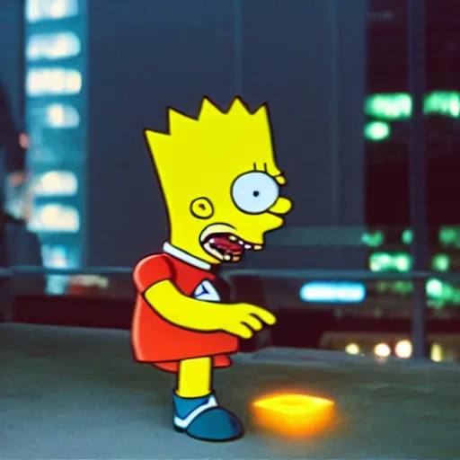 Image similar to still image of bart simpson in the dark knight, cinematic, anamorphic, 8 0 mm f / 2. 8 l, 3 5 mm film, movie