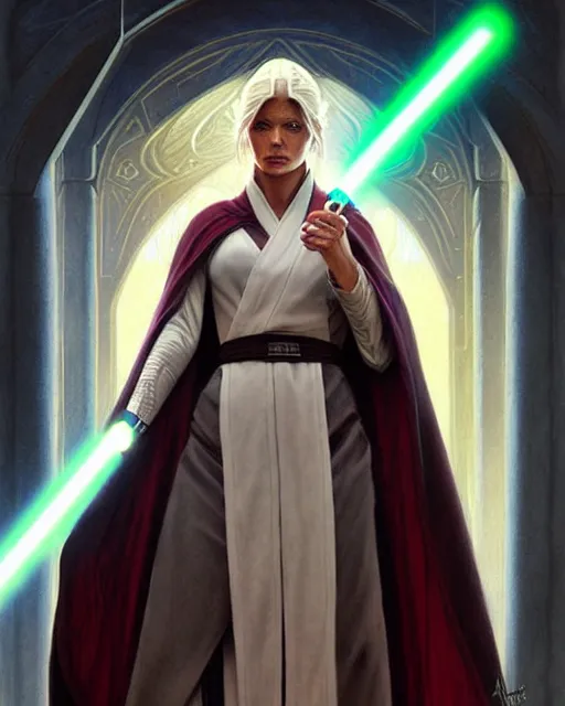 Image similar to a robed high republic jedi sorcerer, fantasy character portrait, ultra realistic, intricate, elegant, highly detailed, digital painting, artstaion, smooth, sharp, focus, illustration, art by artgerm and greg rutkowski and alphonse mucha