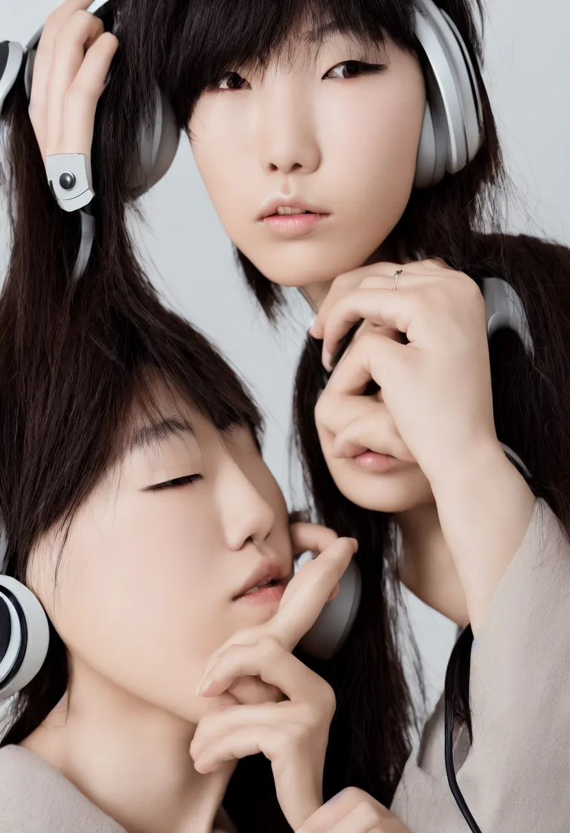 Image similar to single japanese young woman waist up portrait, headphones listening to music, elegant as fashion editorial shot, highly detailed, smooth, sharp focus, dramatic lighting, photo by vogue