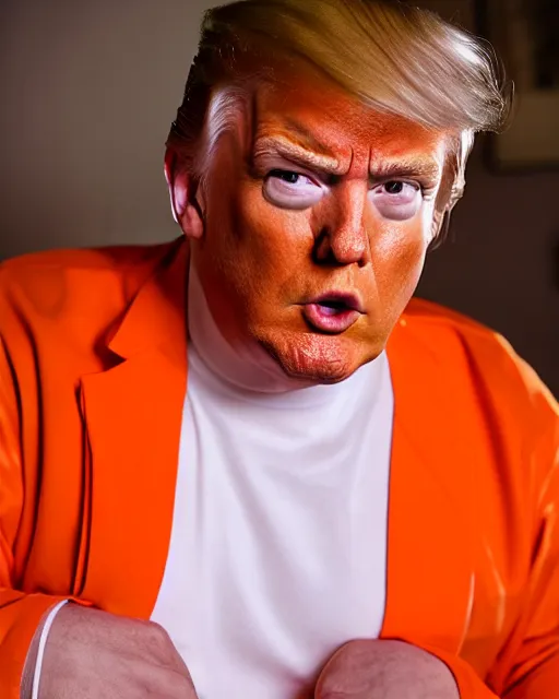 Prompt: closeup portrait of of angry donald trump wearing orange prison pajamas sitting on a bed in a filthy prison, cinematic masterpiece, octane, dramatic lighting, 35mm, very detailed