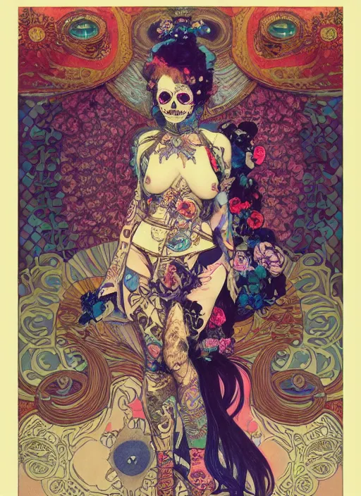 Image similar to cute punk goth fashion fractal Día de los Muertos tattooed astronaut girl posing, psychedelic poster art of by Victor Moscoso Rick Griffin Alphonse Mucha Gustav Klimt Ayami Kojima Amano Charlie Bowater, masterpiece