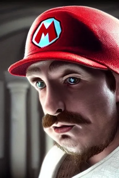 Image similar to “ very very intricate photorealistic photo of a realistic human version of super mario wearing his red cap in an episode of game of thrones, photo is in focus with detailed atmospheric lighting, award - winning details ”