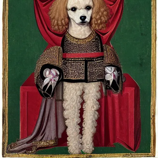 Prompt: a poodle dressed as an italian queen, italo - byzantine, 1 0 0 0 ce