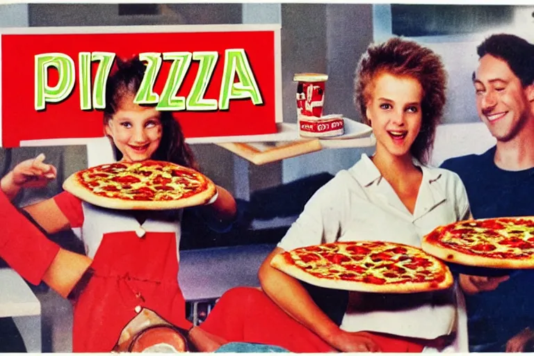 Image similar to pizza!!, 80s, advertisement