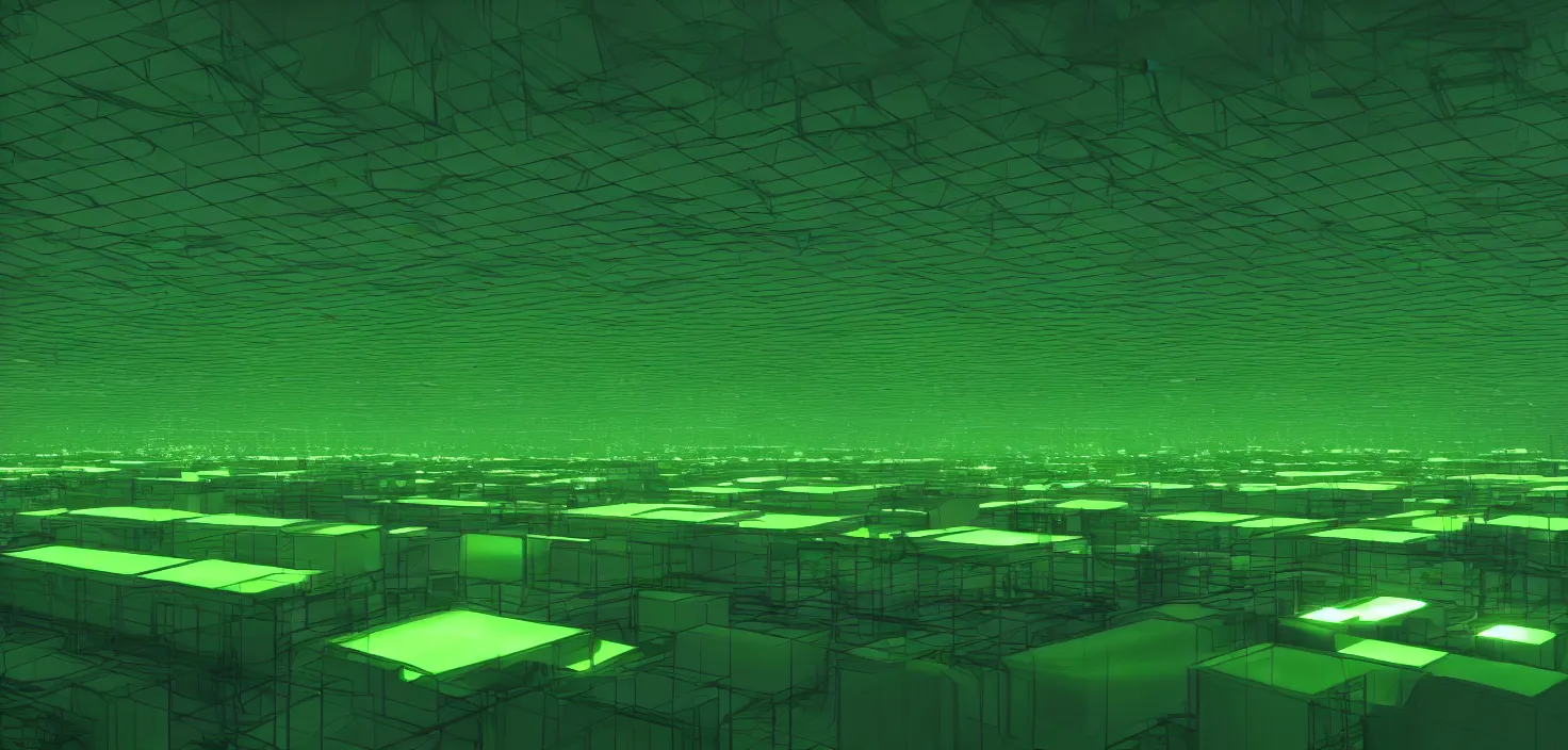 Image similar to a large room filled with lots of green lights, a computer rendering by mike beeple winkelmann, cg society contest winner, computer art, rendered in cinema 4 d, rendered in unreal engine, octane render