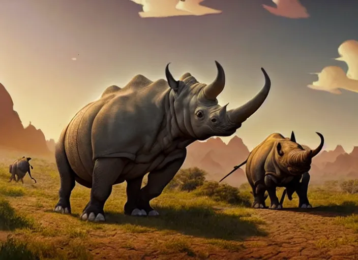 Image similar to the big large expedition with a lot of explores, warriors and adventurers, being brought by several rhinos carrying things towards the desert of duhnes medium shot, studio ghibli, pixar and disney animation, sharp, rendered in unreal engine 5, anime key art by greg rutkowski, bloom, dramatic lighting