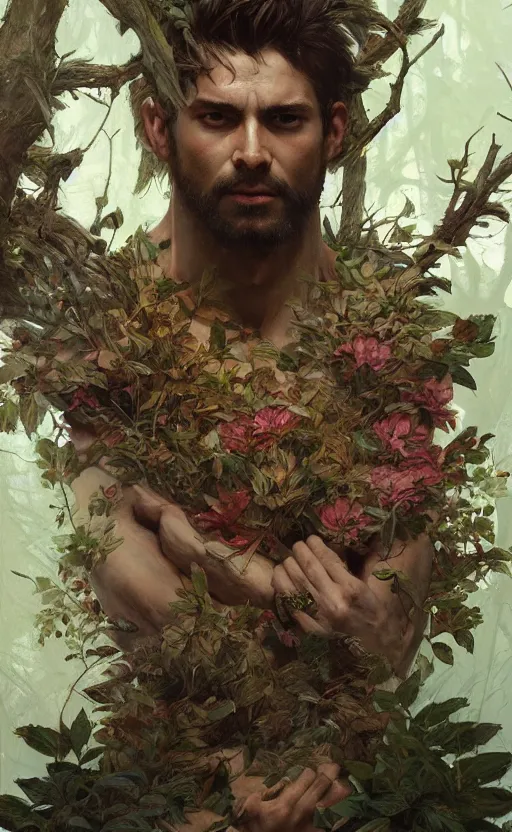 Image similar to god of the forest, 3 0 years old, rugged handsome, male, gorgeous, detailed face, clean lines, cinematic light, amazing, full body, flowers, muscular, intricate, highly detailed, digital painting, artstation, concept art, sharp focus, illustration, art by greg rutkowski and alphonse mucha