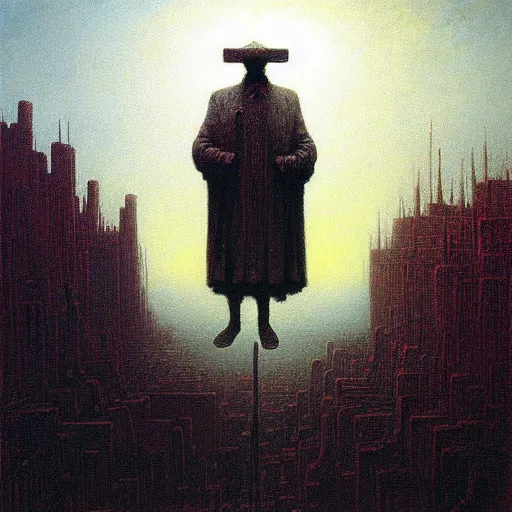 Prompt: a giant rabbi stands over a city painting by beksinski, barlowe colors. masterpiece painting