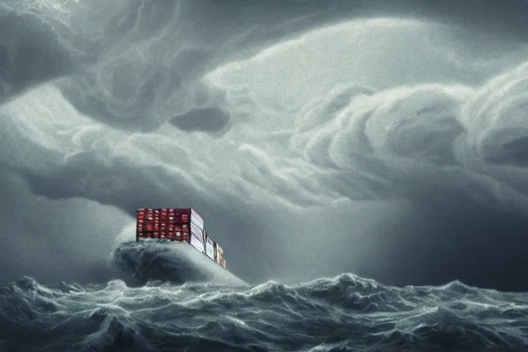 Image similar to container ship in a storm, in the style of vernon grant and chris van allsburg, raging stormy sea, trending on artstation, bright tilt - shift camcorder effect, photoshop, retrowave, hyperrealism, octane, sharp focus, masterpiece