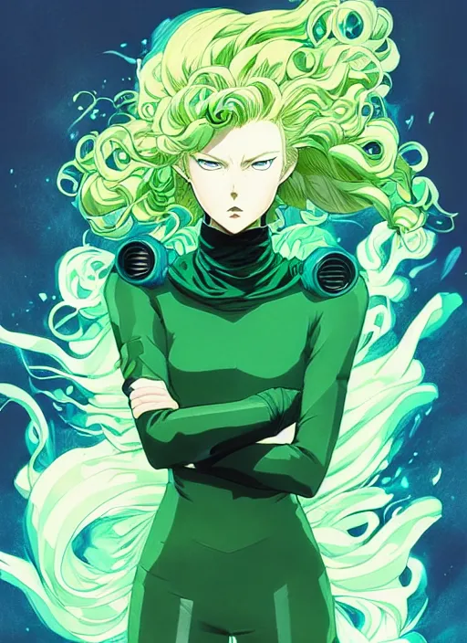 Image similar to style artgerm, joshua middleton, tatsumaki one punch man with green dress, very long blue hair, swirling water swirling, symmetrical face, symmetrical eyes, steampunk cyberpunk,, cinematic lighting