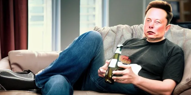 Prompt: sad bald poor elon musk drinking a can of beer in the couch while watching tv in a dirty house