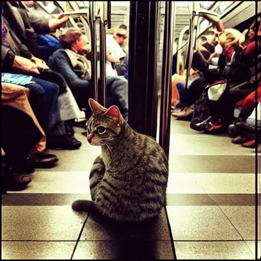 Prompt: “ a cat riding the subway in new york city, by daniel gerhartz ”