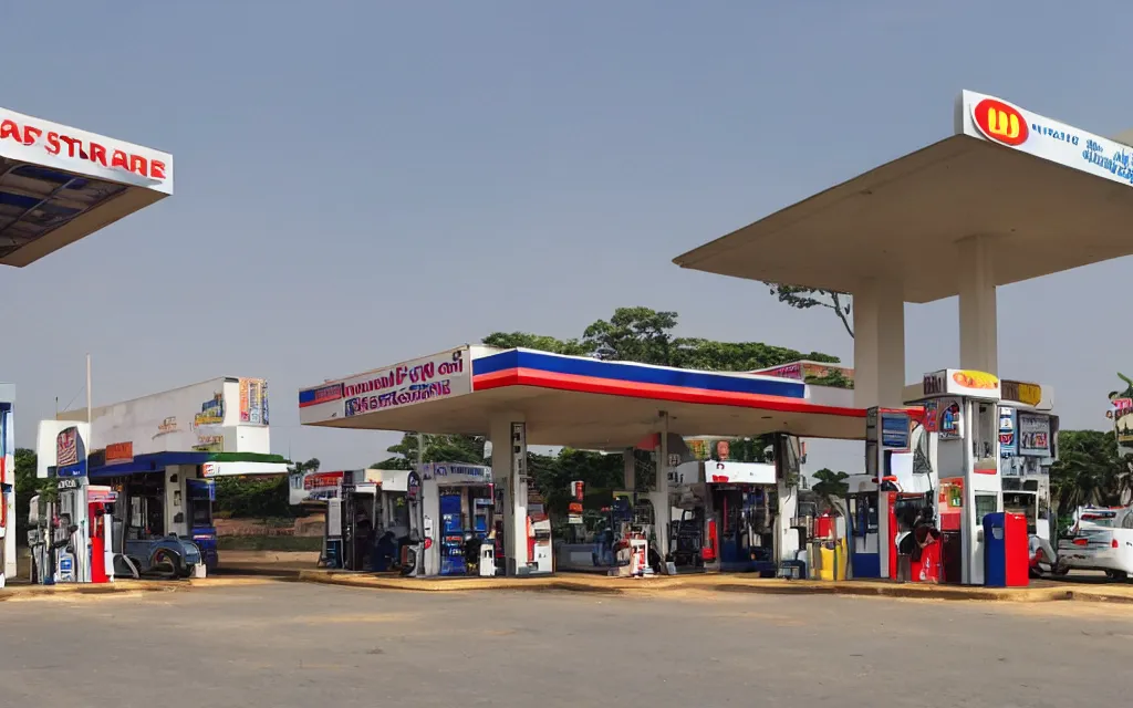 Image similar to ed ruscha standard gas station but in sri lanka with people queueing in front with cars and mopeds.