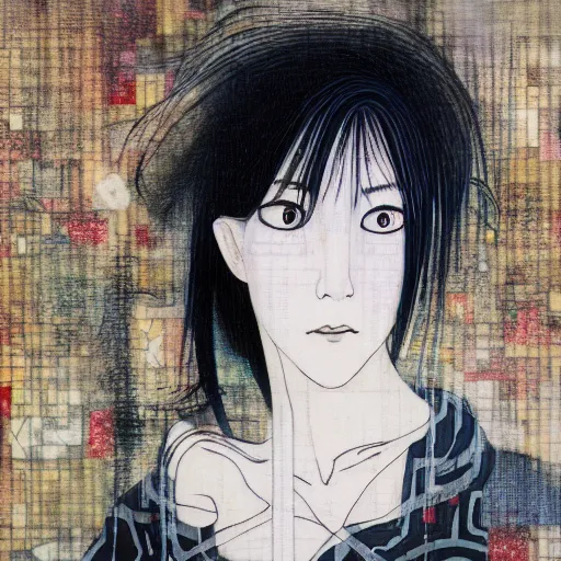 Image similar to yoshitaka amano blurred and dreamy realistic three quarter angle portrait of a woman with white hair and black eyes wearing dress suit with tie, junji ito abstract patterns in the background, satoshi kon anime, noisy film grain effect, highly detailed, renaissance oil painting, weird portrait angle, blurred lost edges