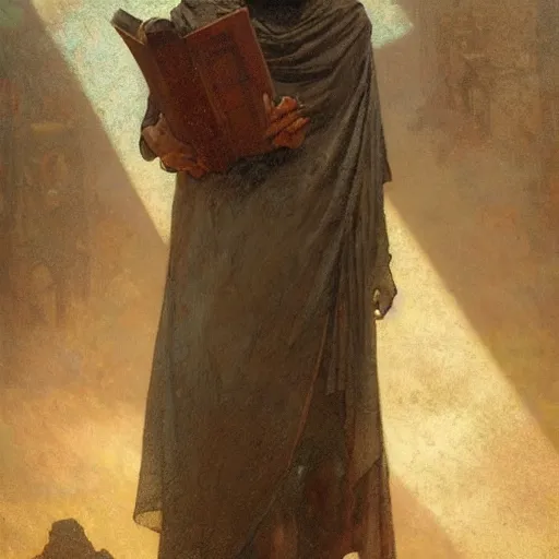 Image similar to half portait of magican wearing a closed cowl and big old book! chained to the wrist, jeremy mann, jean - leon gerome, tiepolo, alphonse mucha, greg rutkowski, face in the shadows, ( ( ruins of ancient rome ) ), at dusk, mysterious atmosphere, sunrays, dof, high detailed, 8 k