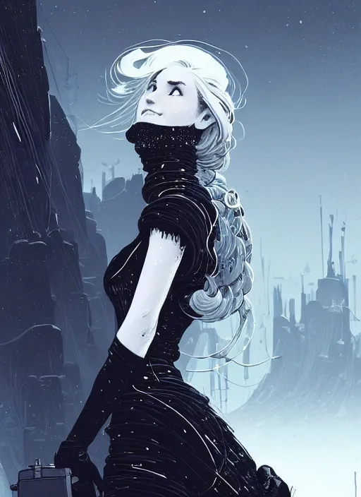 Prompt: highly detailed portrait of a giddy frostpunk long blonde hair lady with short form fitting black dress, stray wiring by atey ghailan, james gilleard, by joe fenton, by greg rutkowski, by greg tocchini, by kaethe butcher, 4 k resolution, gradient blue, black and white color scheme!!! ( ( glaciated robotic dystopian city background ) )