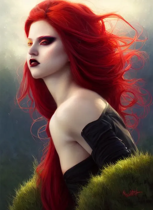 Image similar to girl with iridescent red hair, beautiful highly detailed face, complementary lighting, backlit, black eyeshadow, black lipstick, divine, dramatic lighting, landscape background, beautiful painting by artgerm and greg rutkowski and raymond swanland