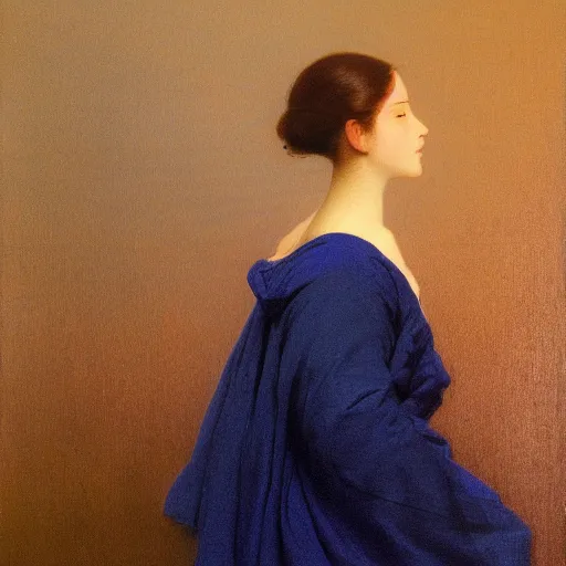 Image similar to a young woman's face, her hair is white and she wears an indigo blue satin cloak, by ivan aivazovsky and syd mead and moebius and gaston bussiere and roger dean and pieter claesz and paul delaroche and aelbert cuyp and willam claesz, hyperrealistic, volumetric light, octane render