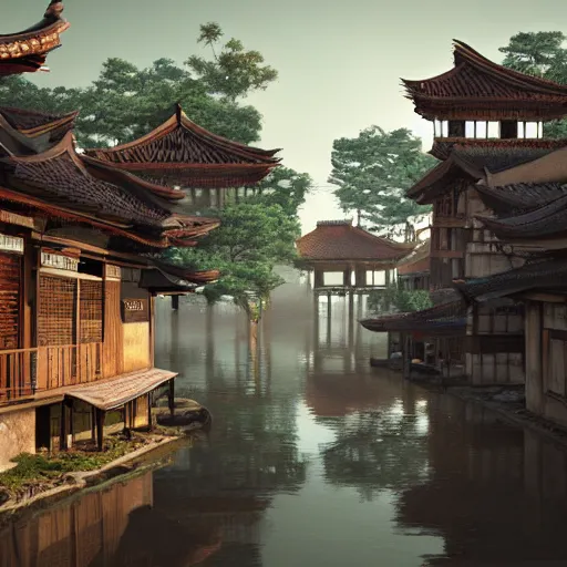 Image similar to old asian village, early sunlight, contrast shadows, mist, fog, water ripples, detailed, photorealistic, artstation, atmospheric, ambient