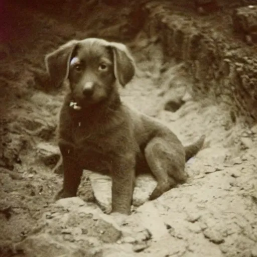 Image similar to photograph of a puppy in a trench ww2 grainy 35mm film