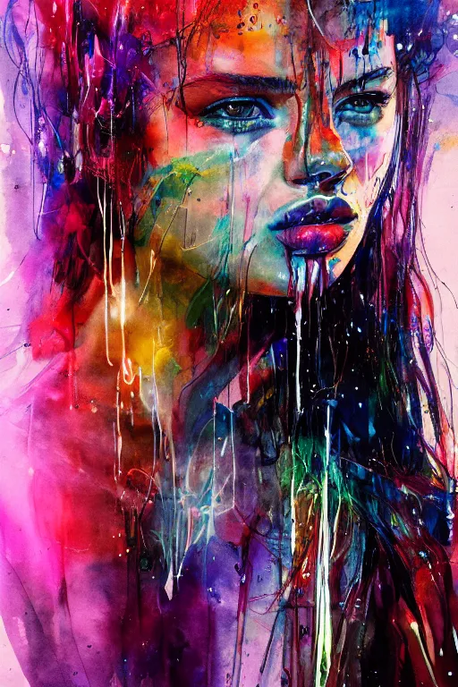 Image similar to adriana lima by agnes cecile enki bilal moebius, intricated details, sitting on a stool, full body portrait, extremely luminous bright design, pastel colours, drips, autumn lights