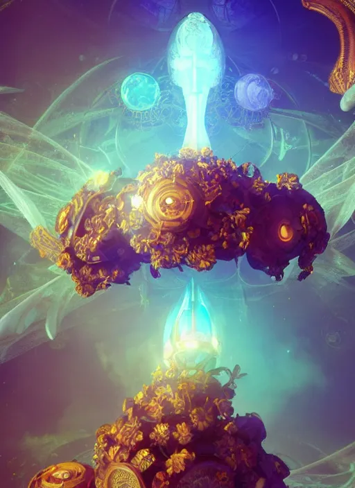 Image similar to flowers within the whole infinite capsule apparent with awe the apparition, an idea seep's into infinity highly detailed in volumetric latent space, golden turquoise steampunk, high contrast cinematic light, mystical shadows, sharp focus, divine realm of gods, octane render, artist by boris vallejo,