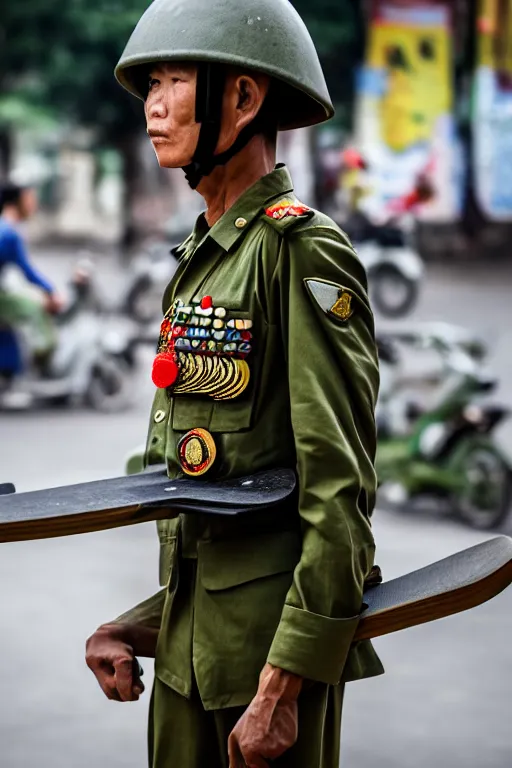 Image similar to vietnam soldier with skateboard, pulitzer award, captured by nikon d 8 5 0, 4 k, body features, face features, bokeh, by daniel berehulak and adnan abidi