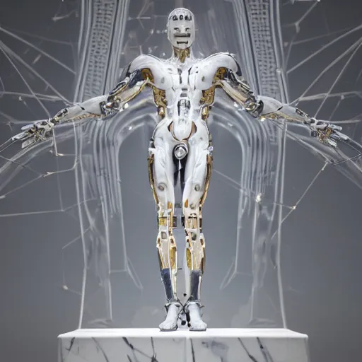 Prompt: statue of white marble with gold veins of strong attractive futuristic cybernetic man adonis posing, hyper realistic, transhumanism, full body shot, perfect symmetrical body, perfect symmetrical face, hyper detailed, by johannen voss, by peter kemp, by monia merlo, by michelangelo octane render blender, 8 k