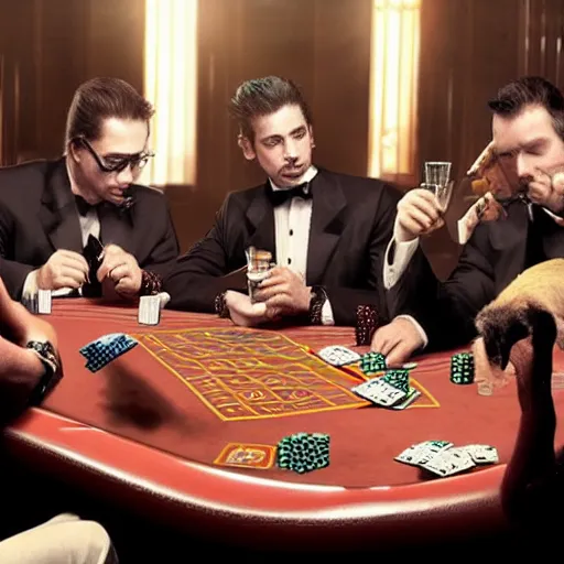 Prompt: cat mafia playing poker in a casino, dringing whiskey and smoking cigars
