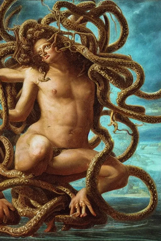 Image similar to Baroque painting of Medusa in a lake, inspired by Gustav Moreau and Wayne Barlowe, exquisite detail, hyper realism, ornate, exquisite detail, cute face