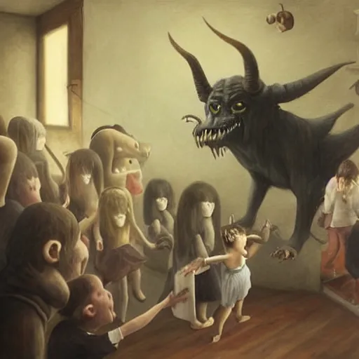 Prompt: a hyperrealistic painting of a demon performing at a childrens birthday party, by john kenn mortensen, highly detailed,