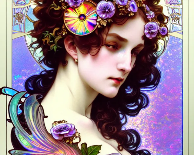 Image similar to overlord, rococo and art nouveau fusion, iridescent diaphanous refractive and reflective flower bouquet, tarot card, highly detailed, deep focus, elegant, digital painting, smooth, sharp focus, illustration, ultra realistic, 8 k, art by artgerm and alphonse mucha