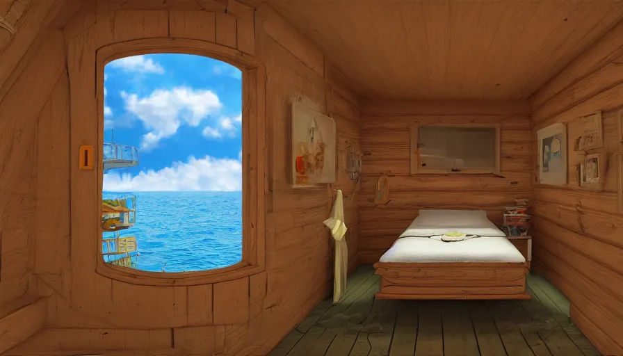 Image similar to a small cabin on a ship. there's a porthole and a bed, digital art, highly detailed, realistic, bright colors, 8 k