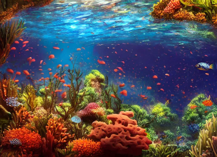 Prompt: overgrown foliage overtaking favela, underwater, colorful coral reef, scenery, professional, award - winning, trending on artstation, detailed, realistic, beautiful, emotional, shiny, golden, picture