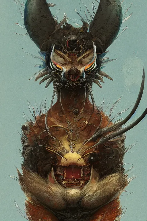 Image similar to a portrait of a sci fi japanese devil animal illustrated by miyazaki by karol bak, james jean, tom bagshaw, rococo, sharp focus, trending on artstation, cinematic lighting, hyper realism, octane render, 8 k, hyper detailed, vivid, ultra detailed, highly detailed