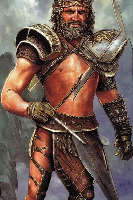 Image similar to wizards of the coast fantasy roman gladiator in armor in the style Larry Elmore