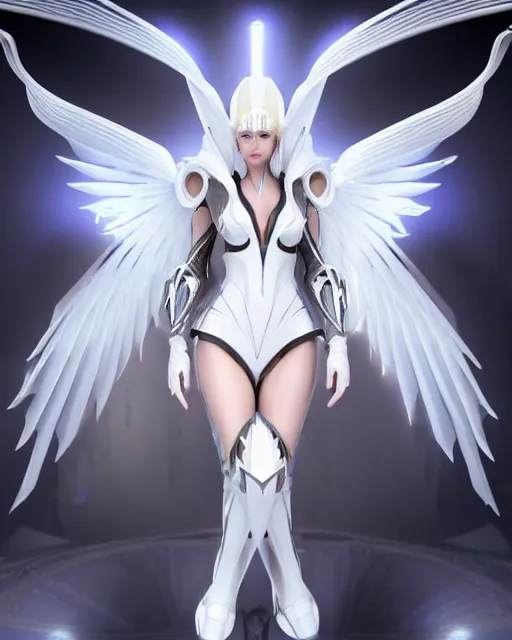 Image similar to perfect white haired attractive egyptian goddess with huge white dove wings, warframe armor, beautiful, symmetric, dreamy, charlize, pretty face, blue eyes, detailed, scifi platform, laboratory, experiment, 4 k, ultra realistic, epic lighting, android body, illuminated, cinematic, masterpiece, art by akihito tsukushi, voidstar