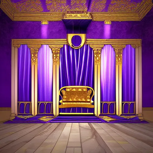 Prompt: Digital art of the golden throne room Imperial matte finish, ominous dramatic wide angle, god rays purple banners