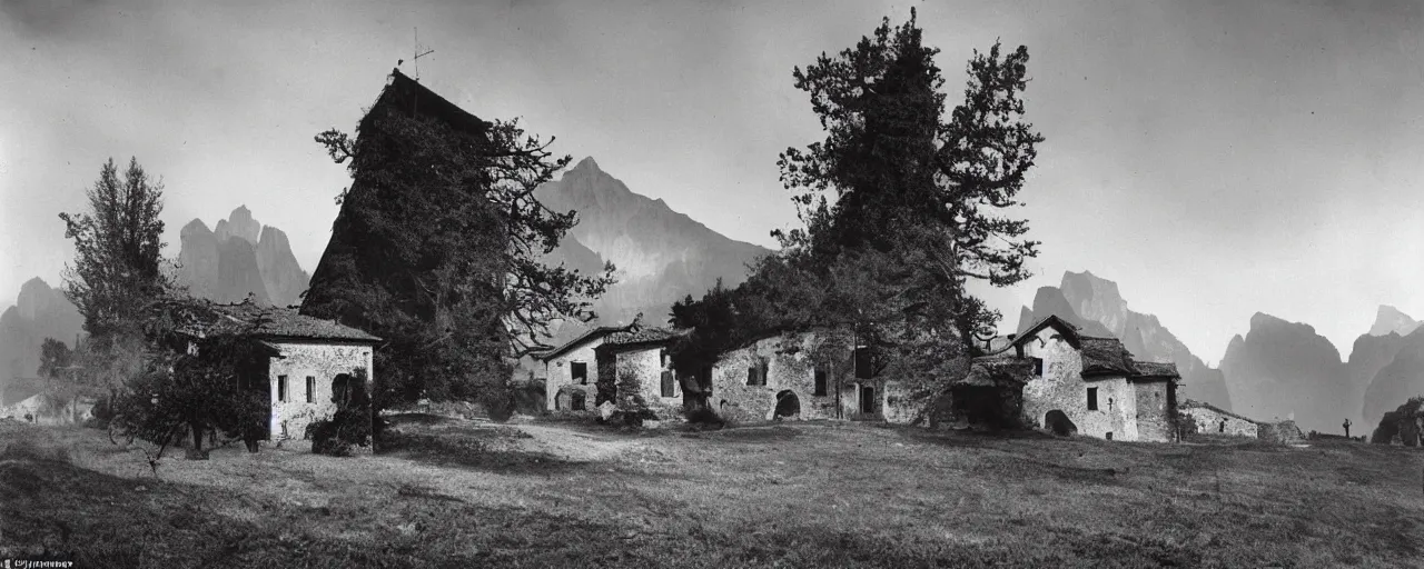 Image similar to 1920s photography of an isolated old village with ghostly wood buildings in the dolomites inhabitated by hay ghosts
