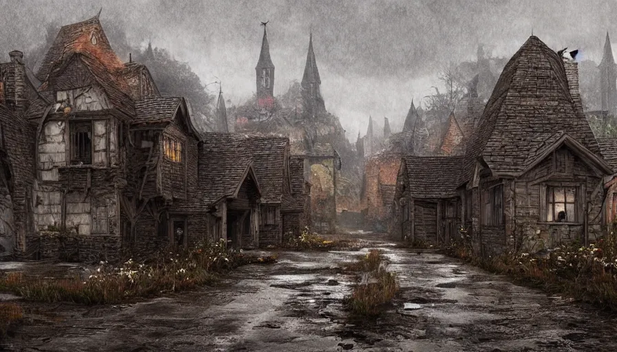 Prompt: Emply abandoned medieval village at rainy day, grey sky, muddy road, damaged wooden house, sad feeling, hyperdetailed, artstation, cgsociety, 8k