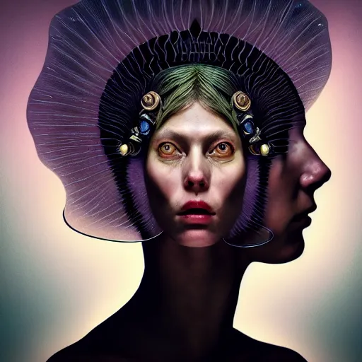 Image similar to Colour Caravaggio style Photography of Beautiful woman with highly detailed 1000 years old face wearing higly detailed sci-fi halo above head and Woman wearing hyperrealistic sci-fi dress ,designed by Josan Gonzalez. Many details . In style of Josan Gonzalez and Mike Winkelmann andgreg rutkowski and alphonse muchaand and Caspar David Friedrich and Stephen Hickman and James Gurney and Hiromasa Ogura. volumetric natural light