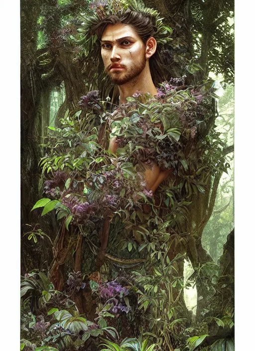 Prompt: intricate detailed portrait painting of a male druid, temple ruins surrounded by lush forest, afternoon, intricate, elegant, highly detailed, digital painting, sharp, focus, illustration art by artgerm and greg rutkowski and alphonse mucha