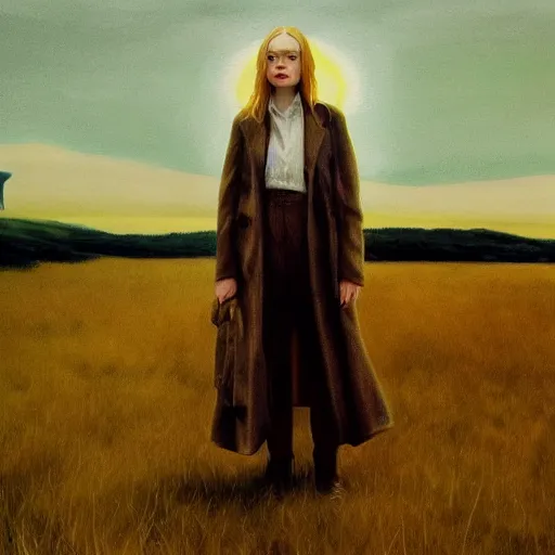 Prompt: Elle Fanning in the painted world of True Detective, head and shoulders masterpiece, apocalypse, golden hour, cosmic horror, artstation, in the style of Andrew Wyeth and Edward Hopper and Bosch, extremely detailed