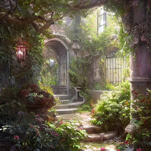 Image similar to secret garden, realistic, ornamental, art by Artgerm and Greg Rutkowski and WLOP