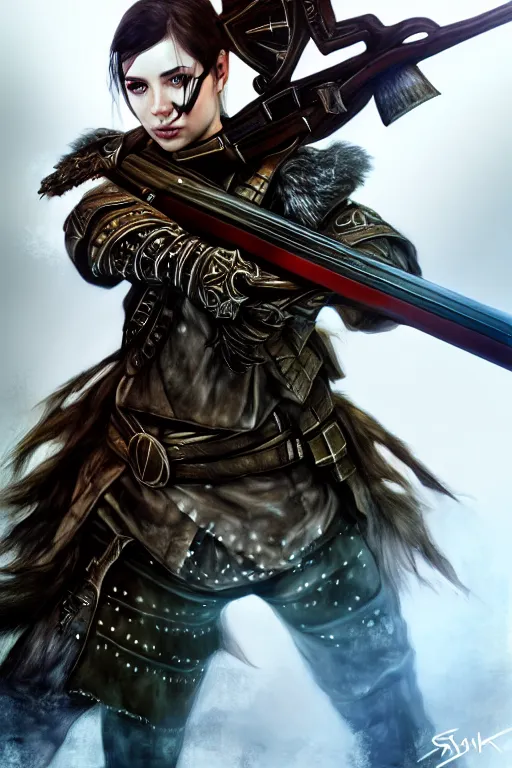 Image similar to Eir Stegalkin holding a rifle of Guild Wars 2, digital art, hyper-realistic, highly detailed