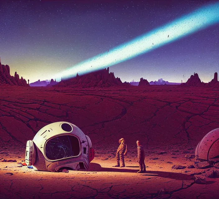 Image similar to the 👽 crash site at a dry river bed in a barren 🏜 by ivan shishkin and zacharias aagaard and simon stalenhag and dan mumford and josan gonzalez, chiaroscuro, tonalism, sfumato, high saturation, retrowave