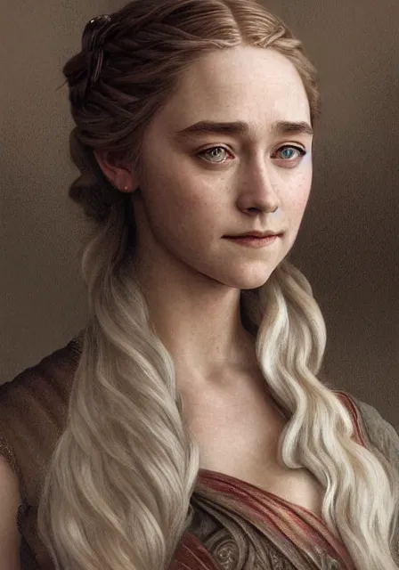 Prompt: daenerys saoirse ronan, intricate, elegant, highly detailed, digital painting, artstation, concept art, smooth, sharp focus, illustration, art by artgerm and greg rutkowski and alphonse mucha and william - adolphe bouguereau