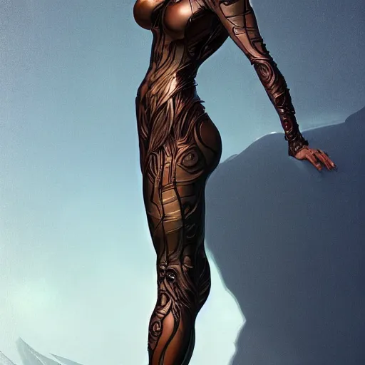 Prompt: full body portrait of a female wearing a skintight suit, large thighs, large chest, intricate, elegant, highly detailed, digital painting, artstation, smooth, sharp focus, illustration, art by artgerm and greg rutkowski and alphonse mucha, 8 k